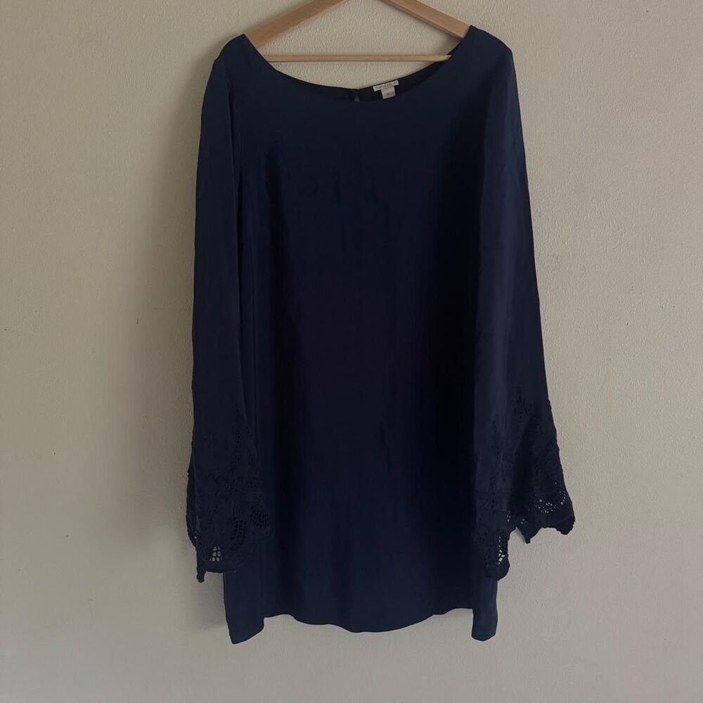Sundance XL Navy Silk Shift Dress Embroidered Eyelet Bell Sleeve Boho